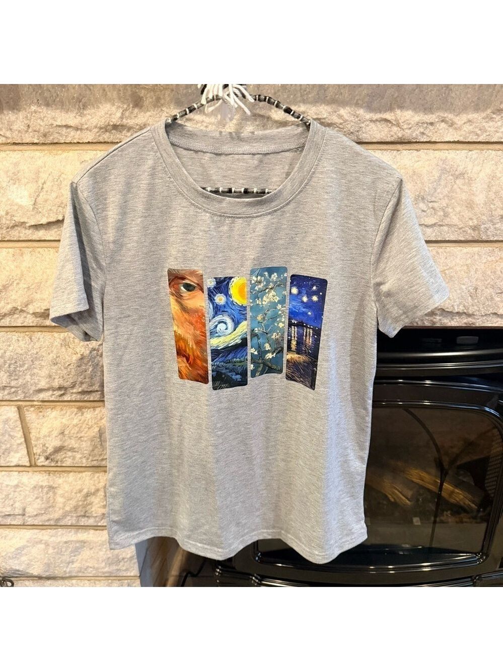 Gray Graphic T-Shirt with Van Gogh Panels Medium
